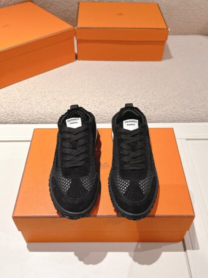 Hermès pure black goatskin contrast color sneakers, 2cm thick sole