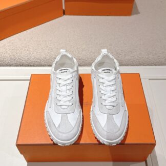 Hermès white and grey goatskin contrasting sneakers, 2cm thick sole