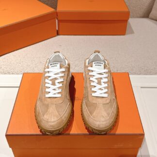 Hermès apricot brown goatskin contrasting sneakers, 2cm thick sole