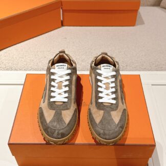 Hermès grey-brown goatskin contrasting sneakers, 2cm thick sole