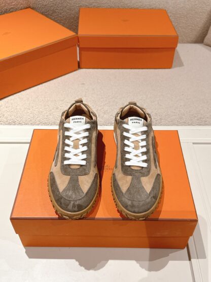Hermès grey-brown goatskin contrasting sneakers, 2cm thick sole