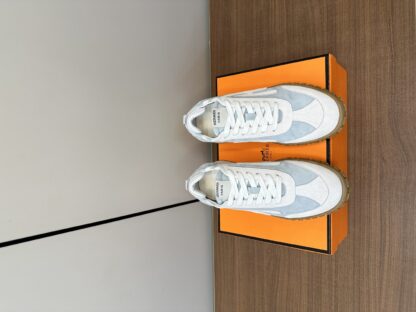 Hermès blue and white goatskin contrasting sneakers, 2cm thick sole