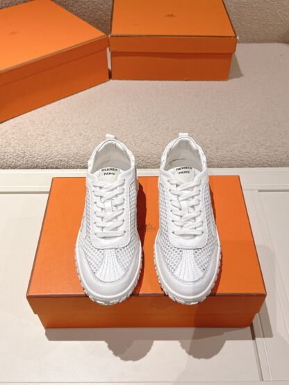 Hermès white goatskin contrasting sneakers, 2cm thick sole