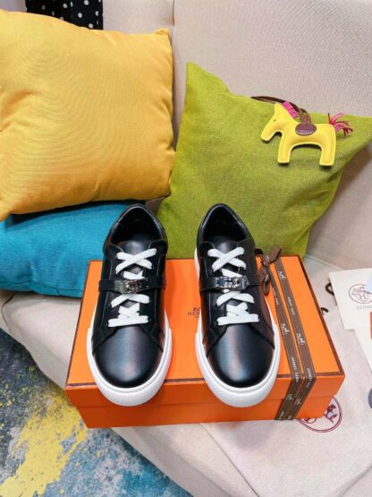 Hermes black latest kelly shoe buckle classic flat casual shoes