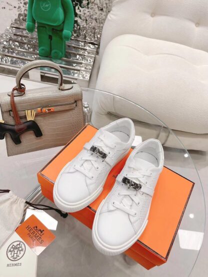 Hermes white latest kelly shoe buckle classic flat casual shoes
