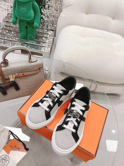 Hermes black and gray latest kelly shoe buckle classic flat breathable casual shoes