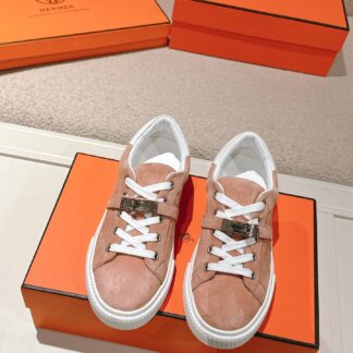Hermes pink apricot latest kelly shoe buckle classic flat casual shoes