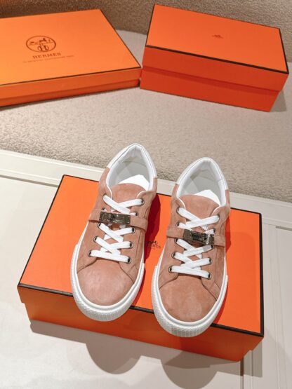 Hermes pink apricot latest kelly shoe buckle classic flat casual shoes