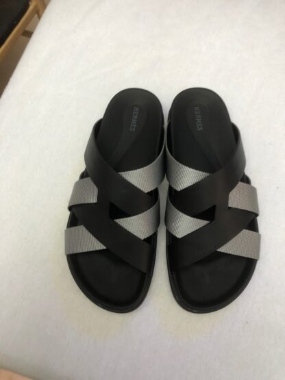 Hermès black and grey woven slippers