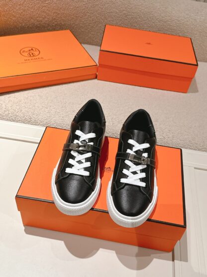 Hermes black and white latest kelly shoe buckle classic flat casual shoes
