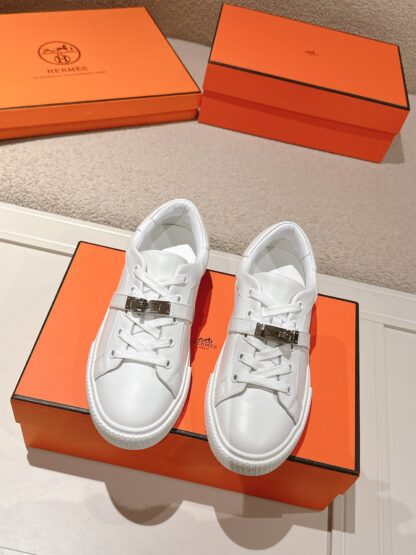Hermes pure white latest kelly shoe buckle classic flat casual shoes
