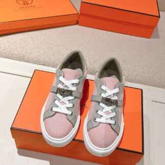 Hermes couple's gray and pink Kelly shoe buckle classic flat casual shoes