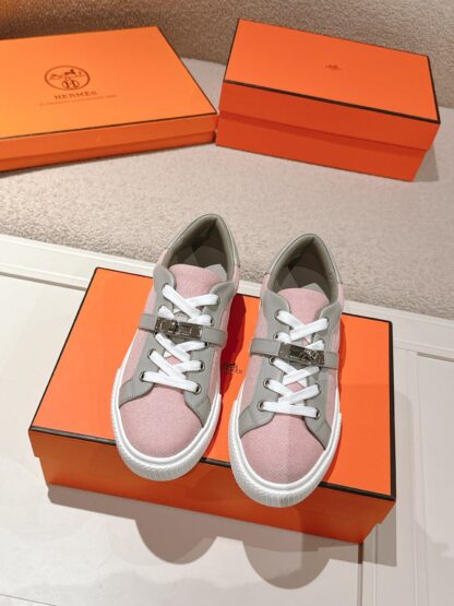 Hermes couple's gray and pink Kelly shoe buckle classic flat casual shoes