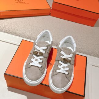 Hermes couple's gray and white Kelly shoe buckle classic flat casual shoes