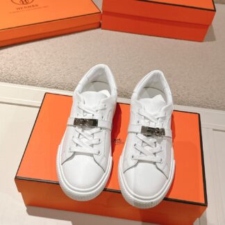 Hermes couple white kelly buckle classic flat casual shoes