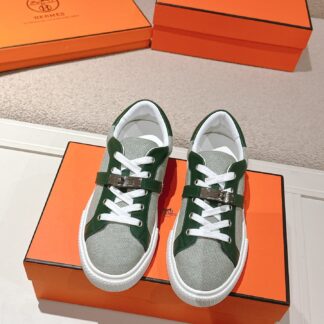 Hermes couple's green and white kelly shoe buckle classic flat casual shoes