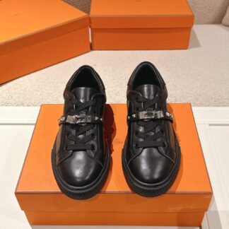 Hermes couple black kelly shoe buckle classic flat casual shoes