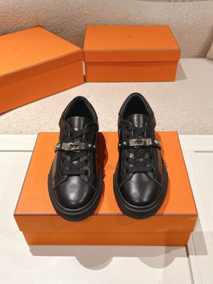 Hermes couple black kelly shoe buckle classic flat casual shoes