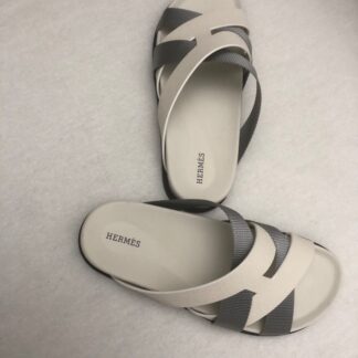 Hermès beige and grey colorblock woven slippers