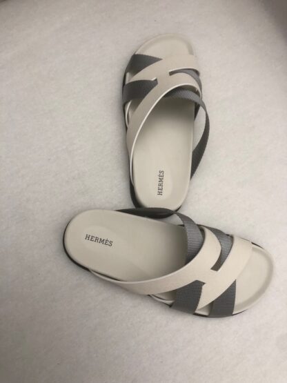 Hermès beige and grey colorblock woven slippers