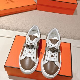 Hermes couple white brown kelly shoe buckle classic flat casual shoes