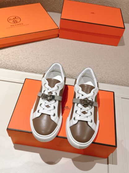 Hermes couple white brown kelly shoe buckle classic flat casual shoes