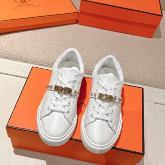 Hermes couple white and silver Kelly shoe buckle classic flat casual shoes