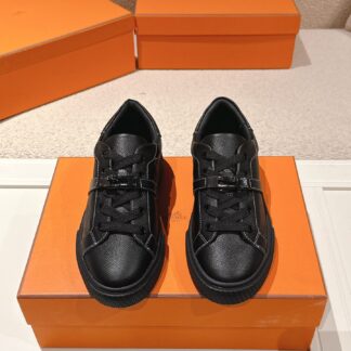 Hermes couple's pure black kelly shoe buckle classic flat casual shoes