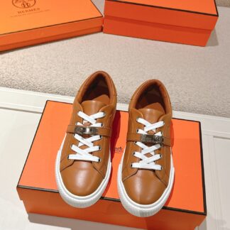 Hermes couple brown kelly shoe buckle classic flat casual shoes