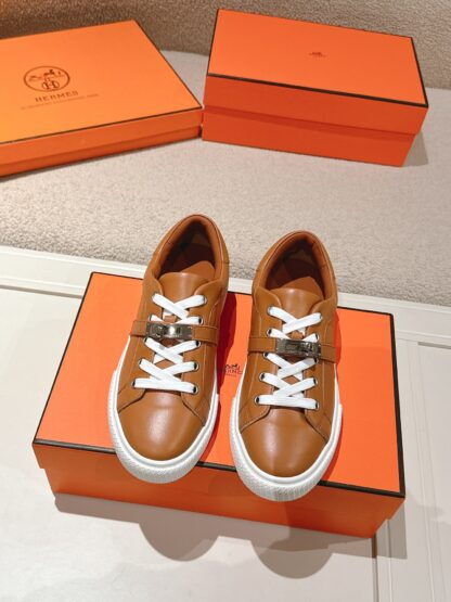 Hermes couple brown kelly shoe buckle classic flat casual shoes