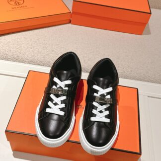 Hermes couple black and white silver kelly shoe buckle classic flat casual shoes