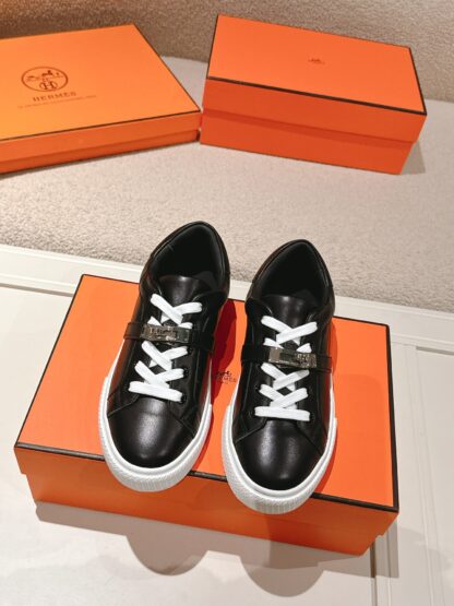 Hermes couple black and white silver kelly shoe buckle classic flat casual shoes