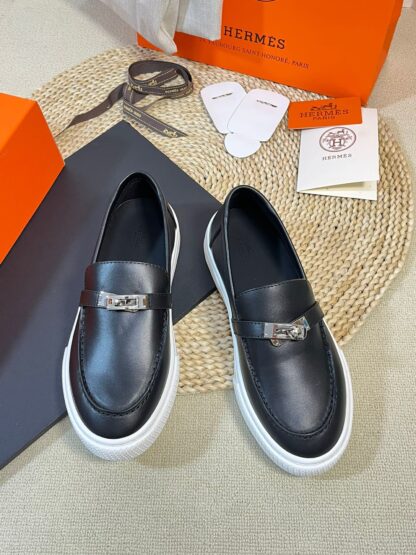 Hermes kelly shoe buckle black stylish noble casual loafers