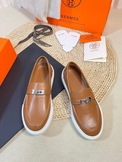 Hermes kelly shoe buckle brown stylish and noble casual loafers