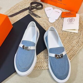 Hermes Kelly shoe buckle blue and white fashion noble casual loafers