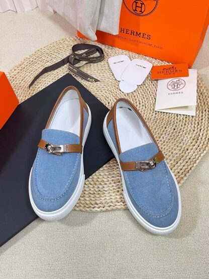 Hermes kelly shoe buckle blue brown fashion noble casual loafers