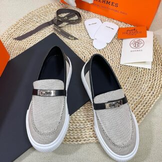 Hermes Kelly shoe buckle gray and black stylish and noble casual loafers