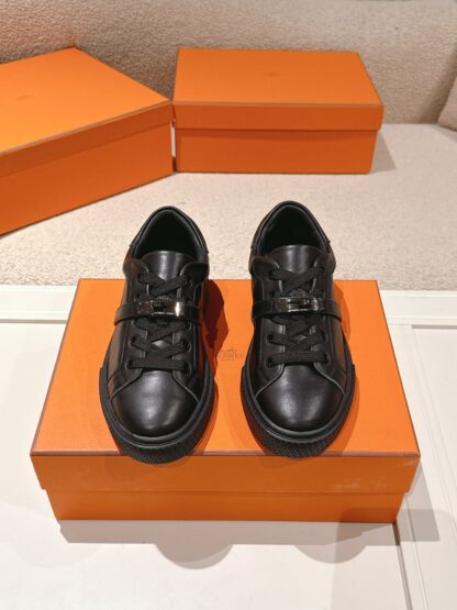 Hermès classic couple black kelly buckle classic versatile casual shoes