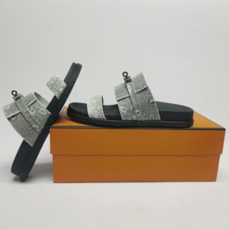 Hermès Couple's Grey Silver Buckle Braided Sandals