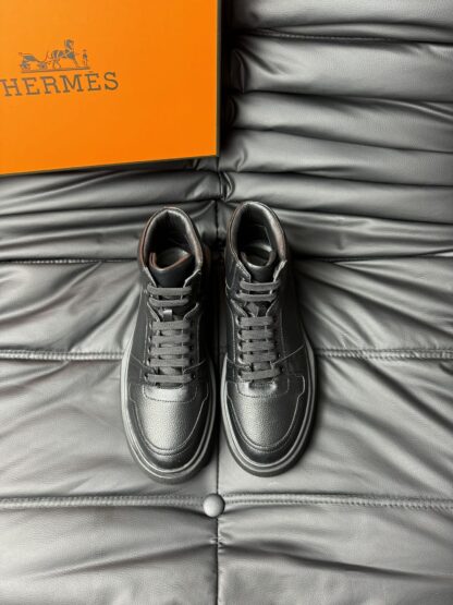Hermes black leather high-end noble high-top casual shoes