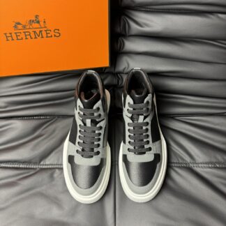 Hermes grey and black color matching cowhide high-end noble high-top casual shoes
