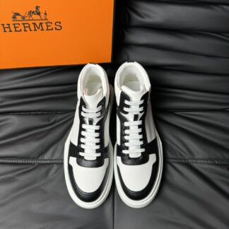 Hermes white and black color matching cowhide high-end noble high-top casual shoes
