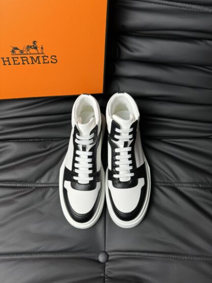 Hermes white and black color matching cowhide high-end noble high-top casual shoes