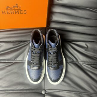 Hermès blue and black color matching cowhide high-end noble high-top casual shoes