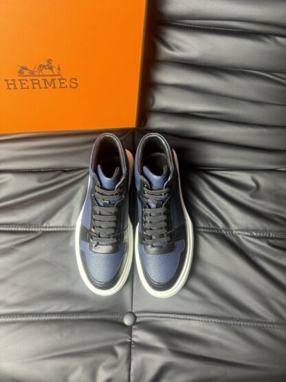 Hermès blue and black color matching cowhide high-end noble high-top casual shoes