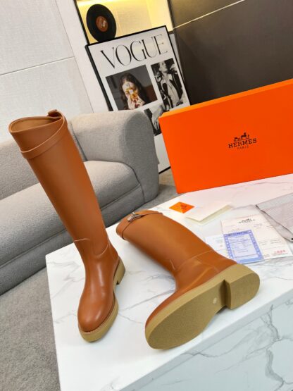 Hermès classic kelly buckle stylish brown mid-calf boots