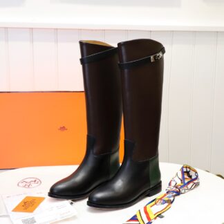 Hermès classic kelly buckle stylish brown and green color matching mid-calf boots