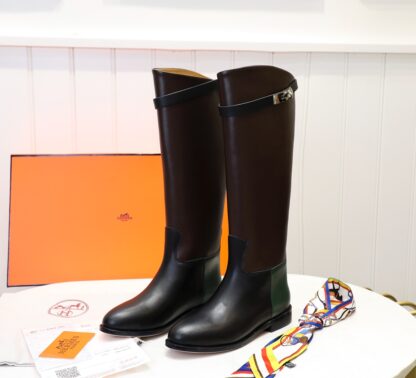 Hermès classic kelly buckle stylish brown and green color matching mid-calf boots