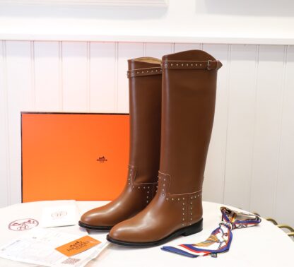 Hermès classic kelly buckle brown fashion mid-calf boots