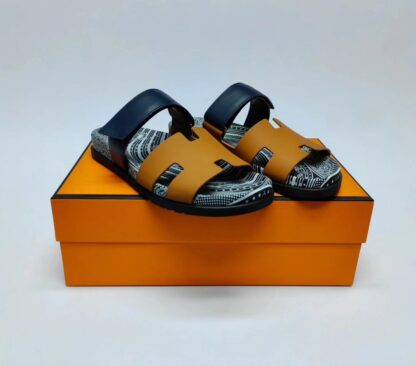 Hermès Couples Braided Brown, Blue and Black Slippers